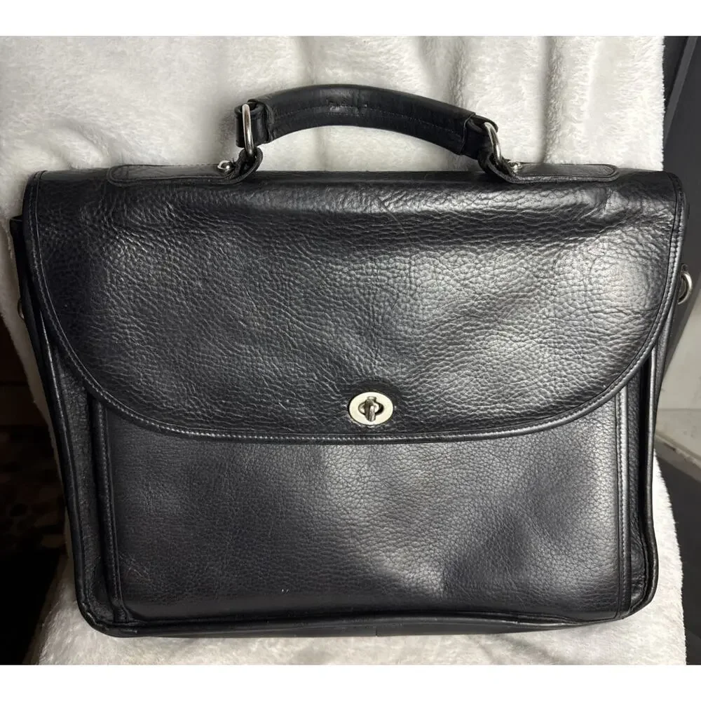 Aston Black Leather Briefcase Turn Lock Closure Made in USA NO Shoulder Strap